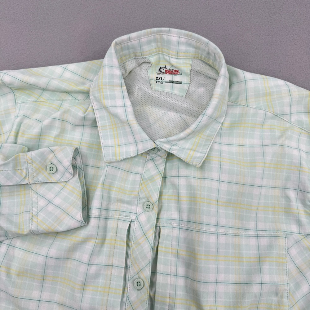 World Wide Sportsman Womens 2XL Vented Fishing Shirt Plaid Long Sleeve Green